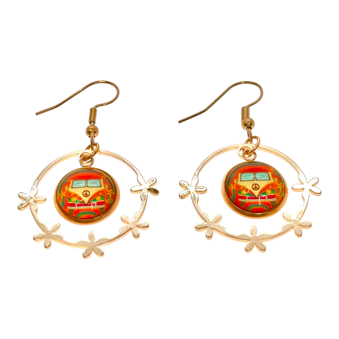 Boho VW Bus Rose Gold Flower Hippie Hoop Dangle Earrings