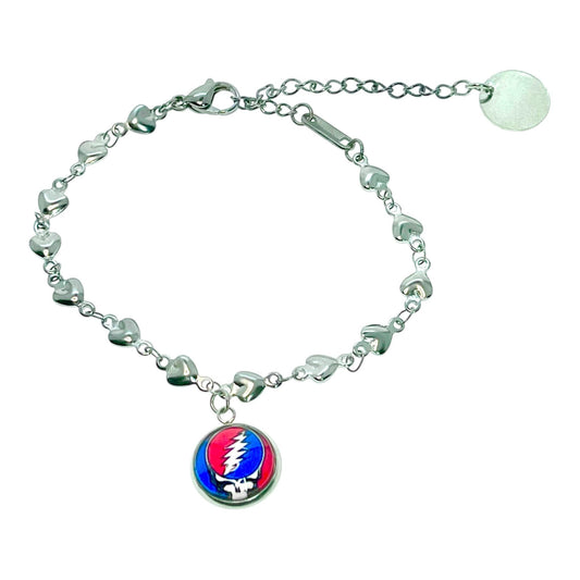 Grateful Dead-Inspired Charm Bracelet, Steal Your Face Jewelry, Jerry Garcia Wristlet, Classic Rock Band Bangle, Boho Hippie Deadhead Bear