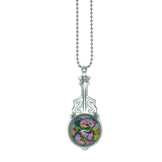 Colorful Dancing Bear Guitar Necklace Grateful Dead Inspired, Jerry Garcia Pendant, Deadhead Festival Wear, Psychedelic Rock Music Jewelry