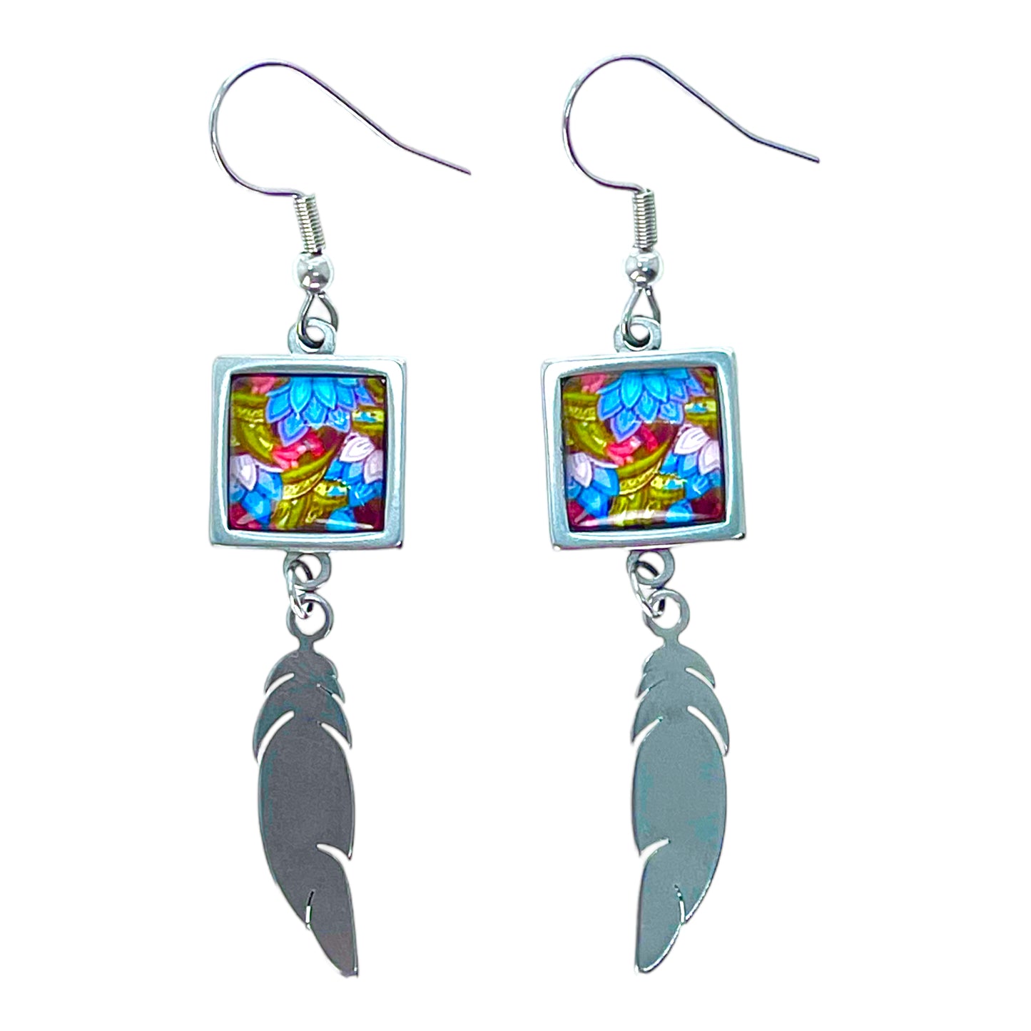 Blue Bloom Square Feather Earrings