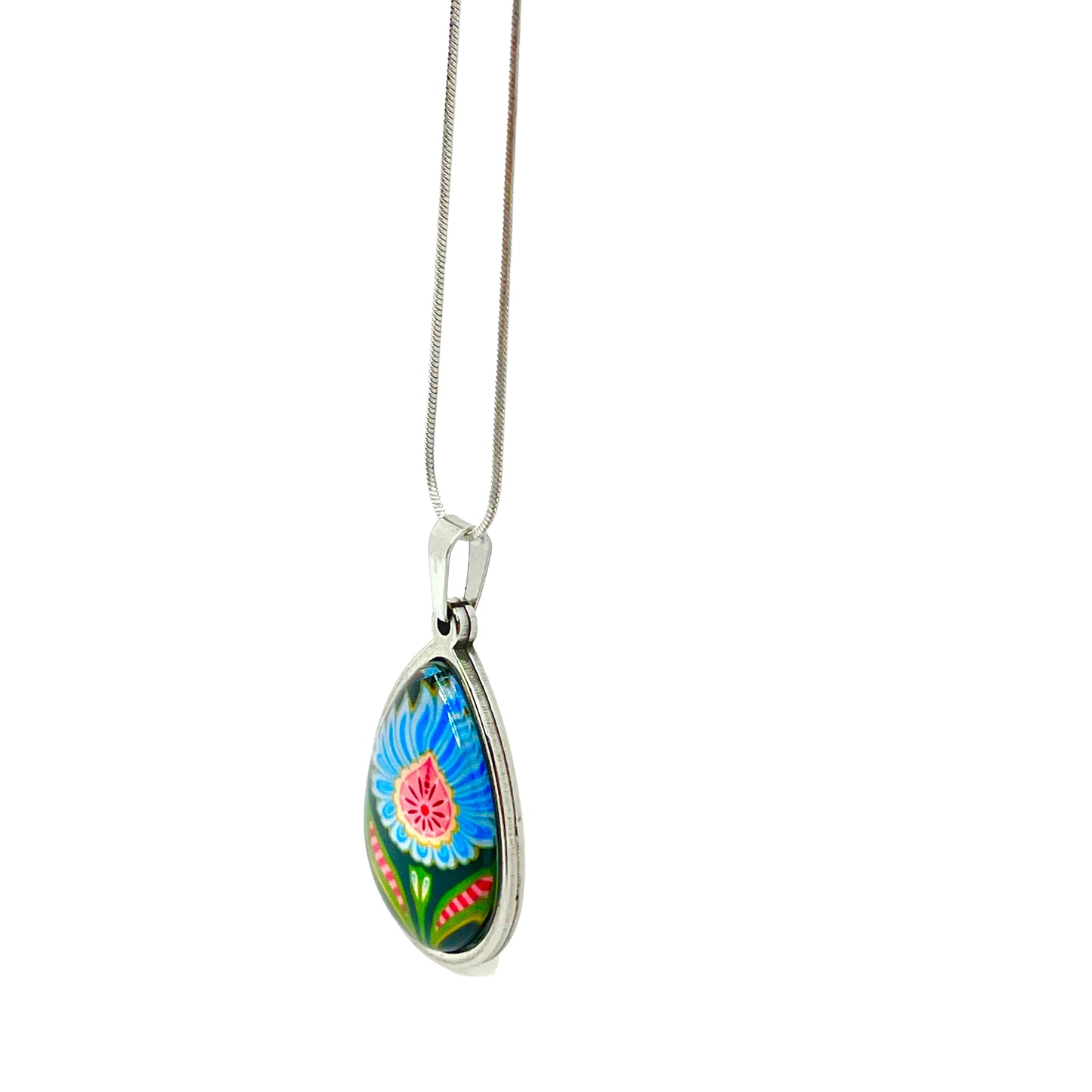 Blue Fuzzy Flower Teardrop Necklace