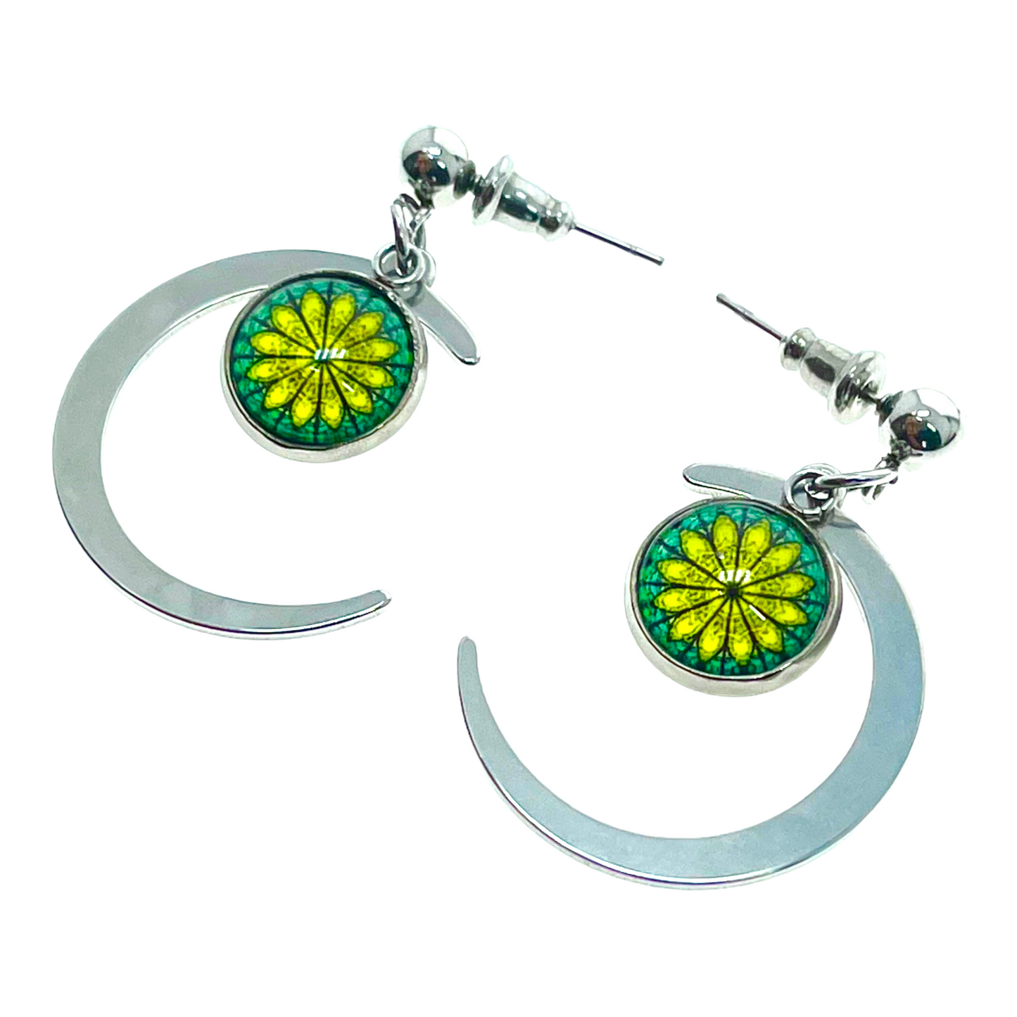Emerald Starburst Crescent Moon Earrings