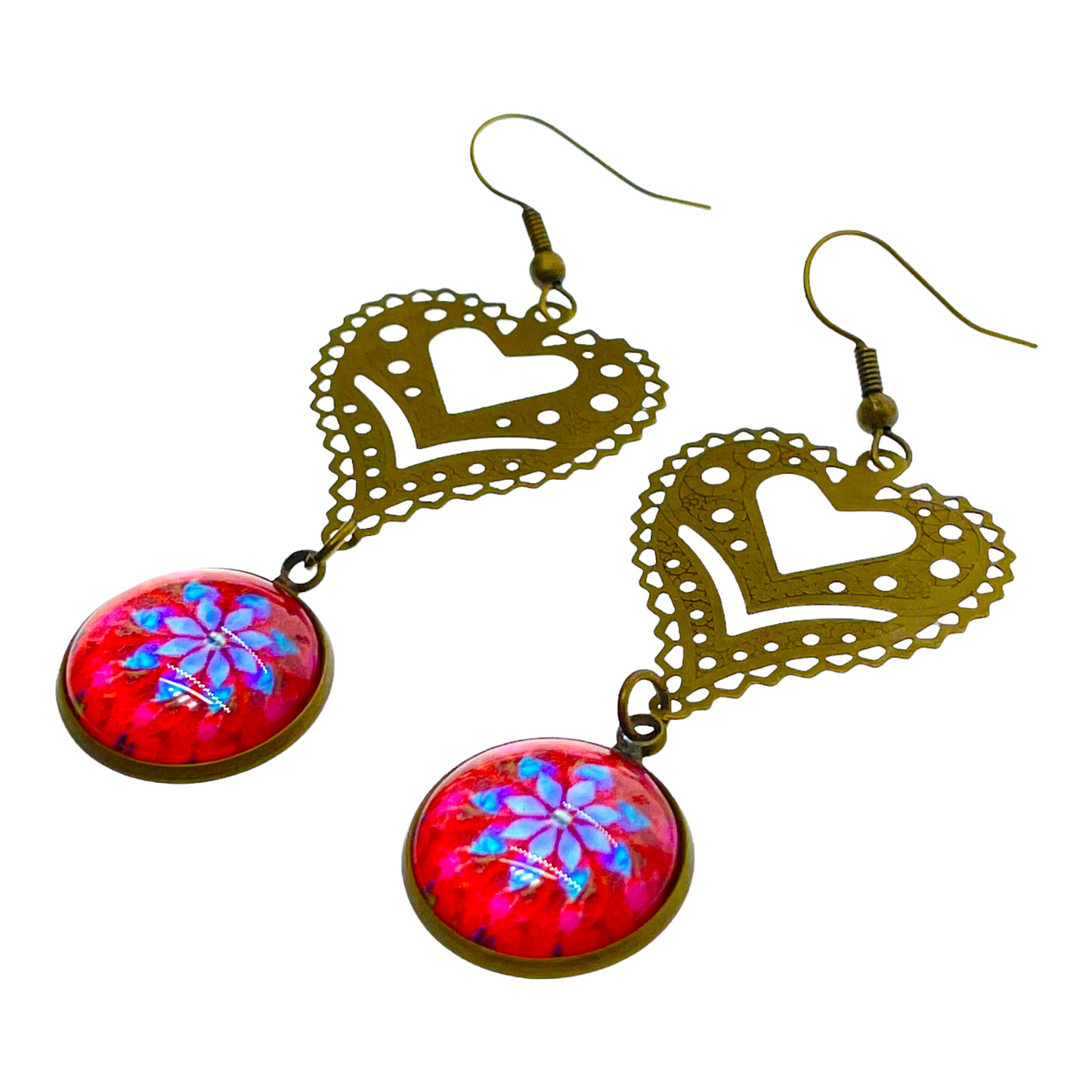 Cherry Red Fancy Heart Dangle Earrings