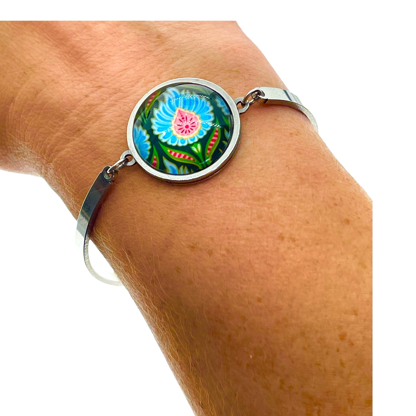 Blue Fuzzy Flower Slider Bead Bracelet