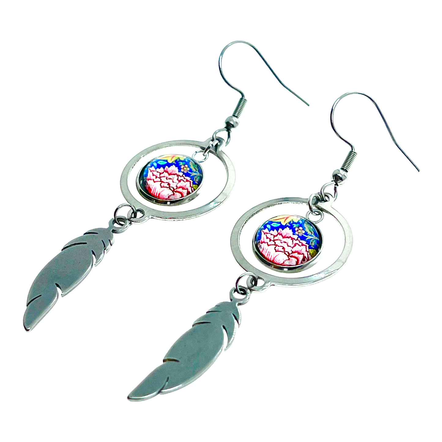 Silk Blooms Feather Round Earrings