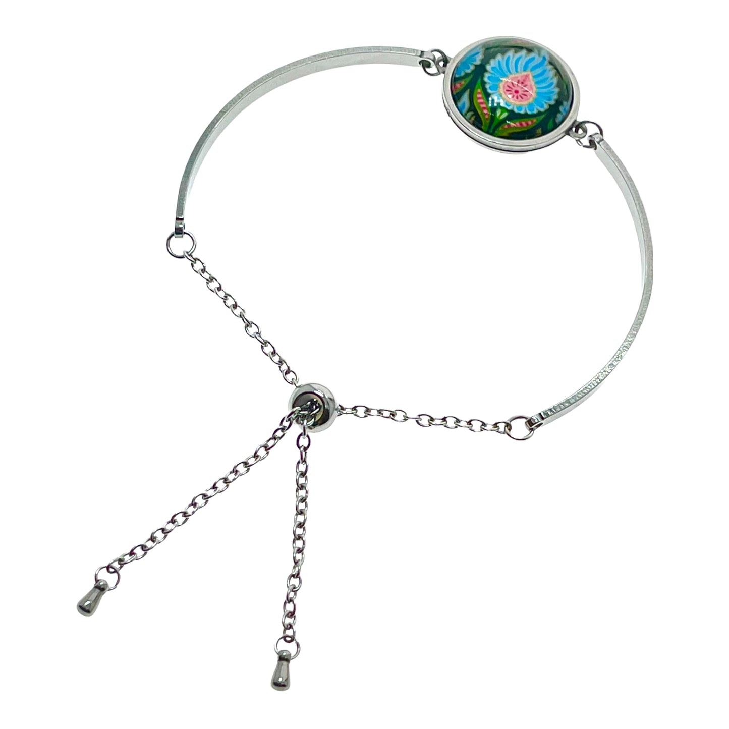 Blue Fuzzy Flower Slider Bead Bracelet