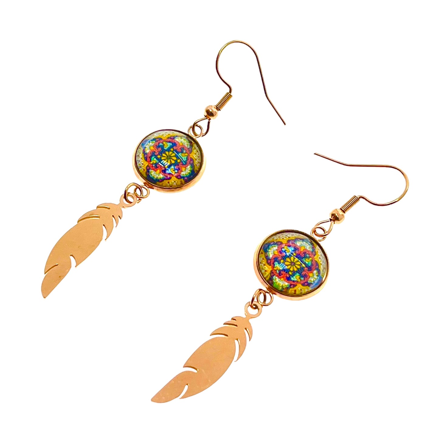 Golden Flower Feather Earrings