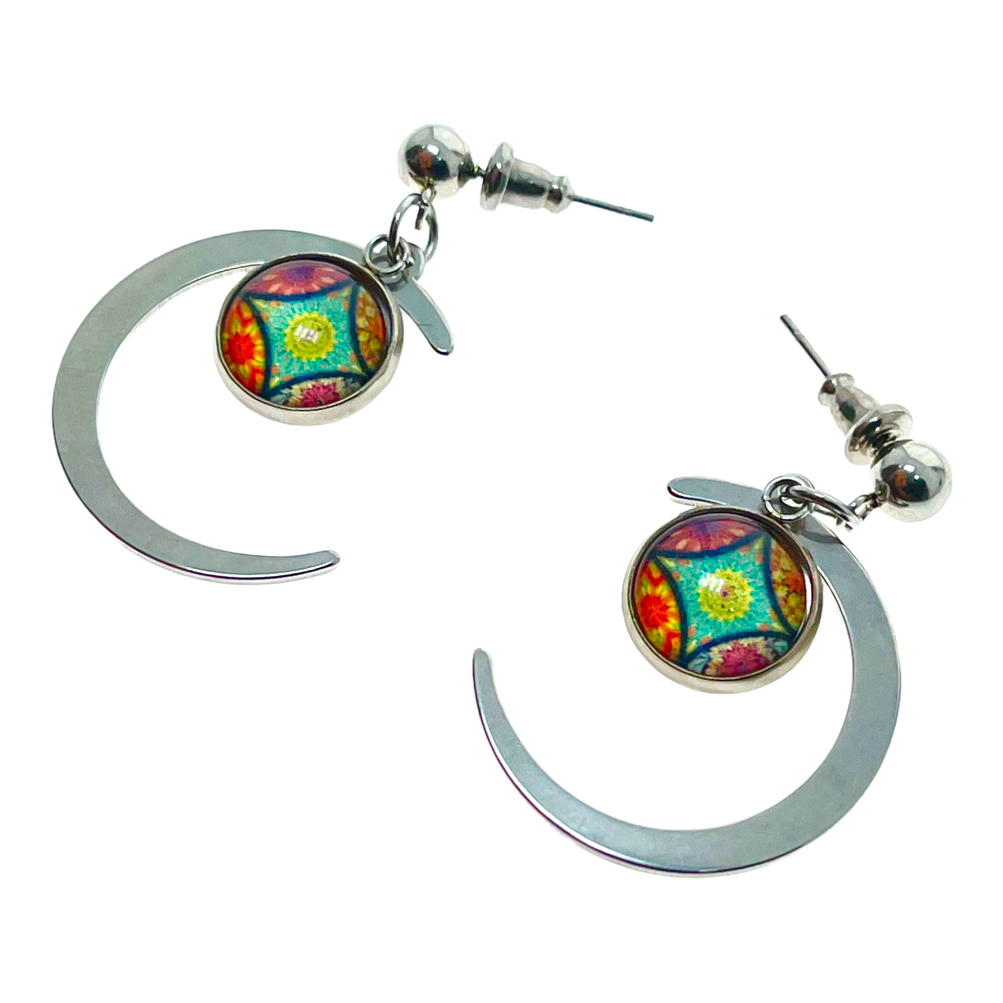 Rainbow Teal Crescent Moon Earrings