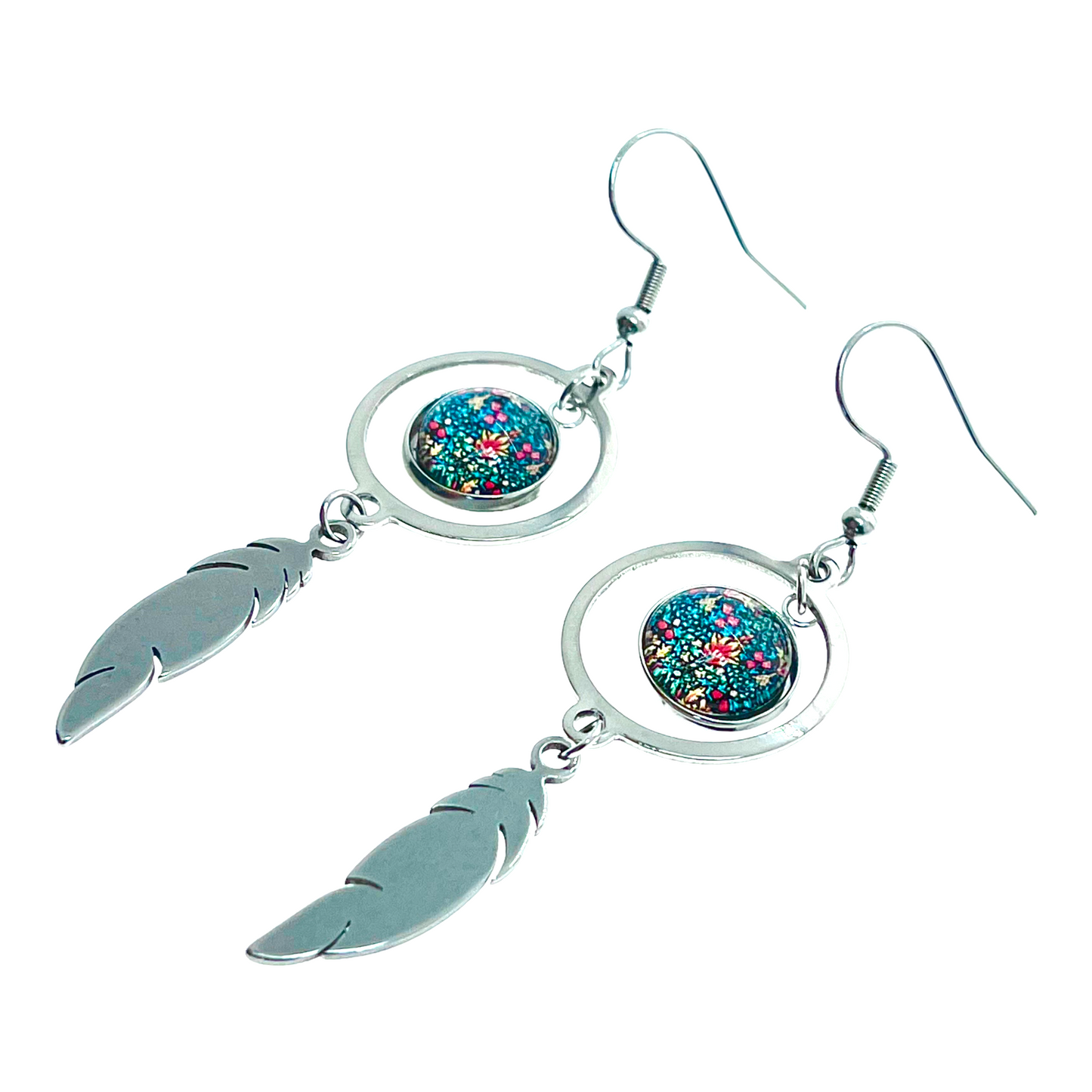 Emerald Forest Feather Round Earrings