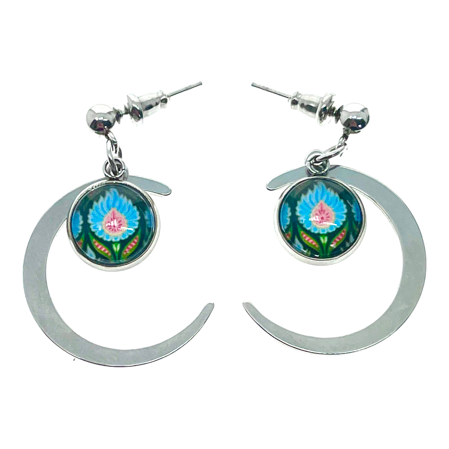Blue Fuzzy Flower Crescent Moon Earrings