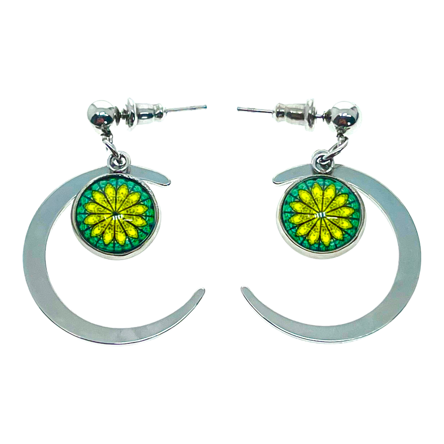 Emerald Starburst Crescent Moon Earrings