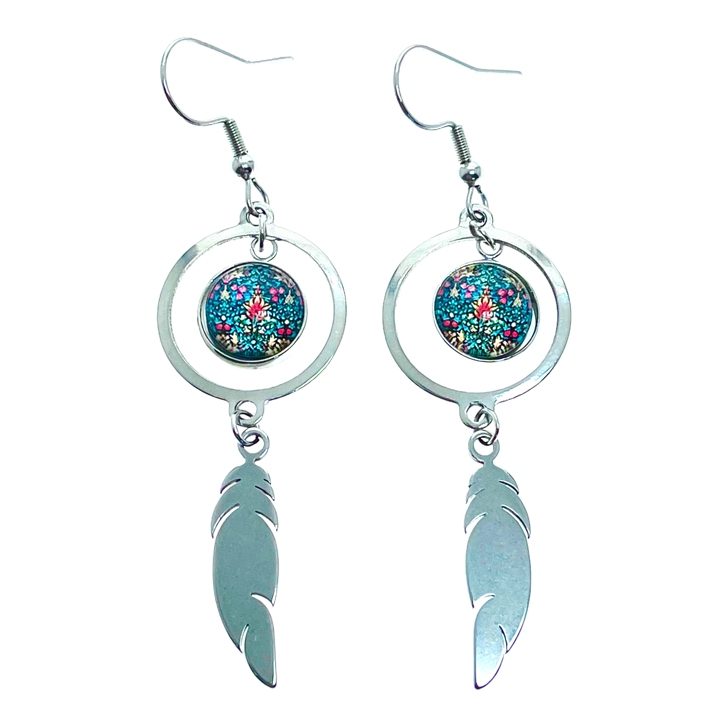 Emerald Forest Feather Round Earrings
