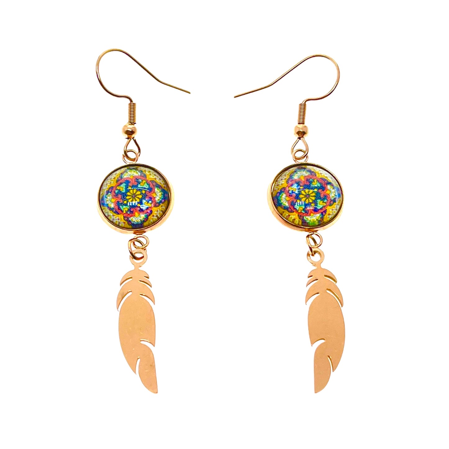 Golden Flower Feather Earrings