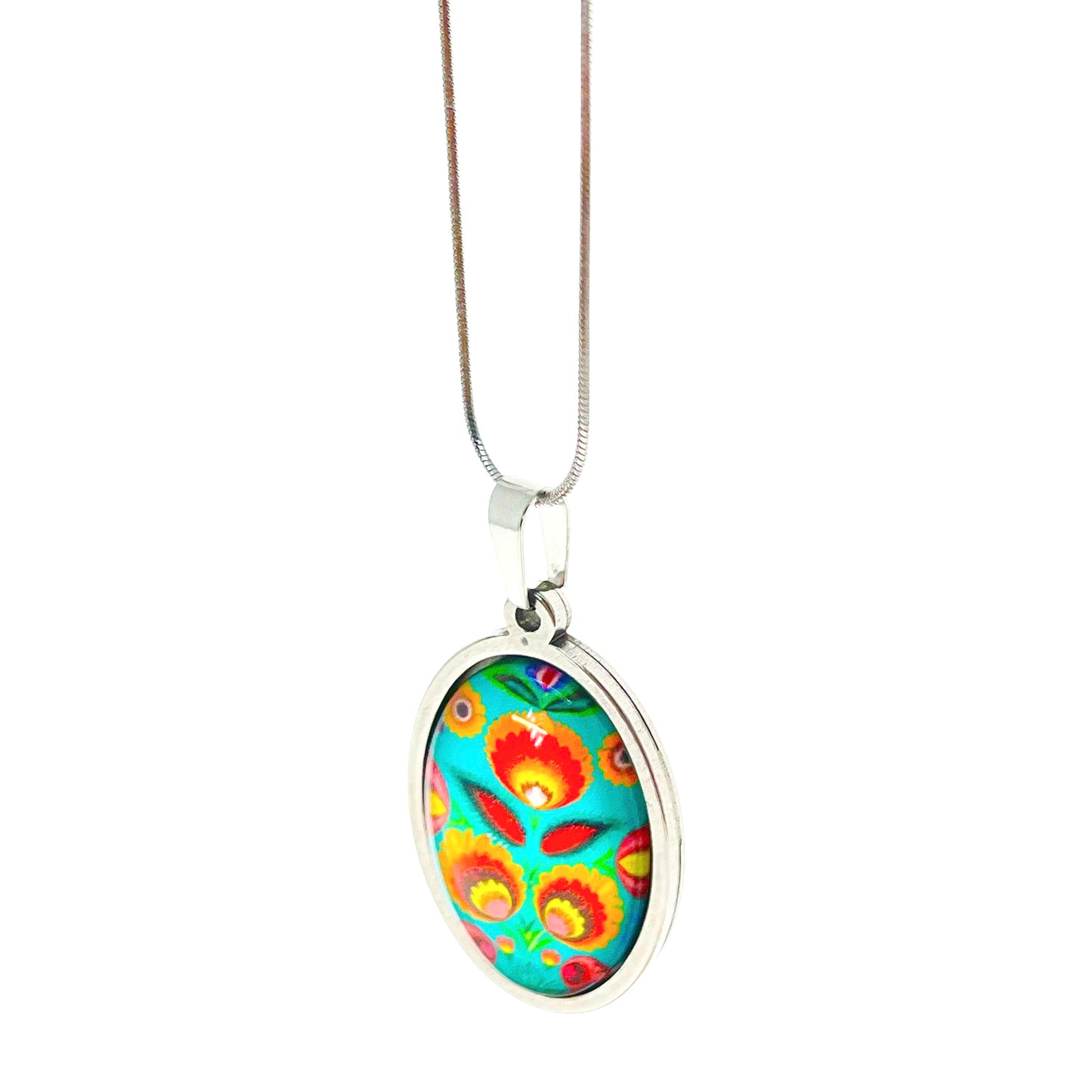 Teal Polish Folk Flower Necklace