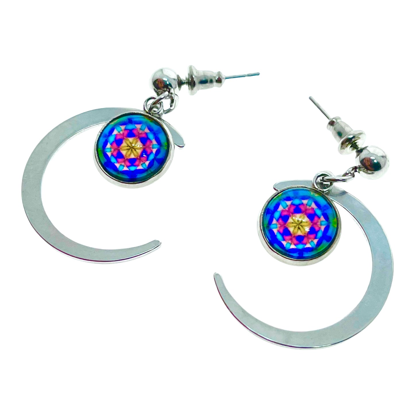 Painted Glass Crescent Moon Earrings