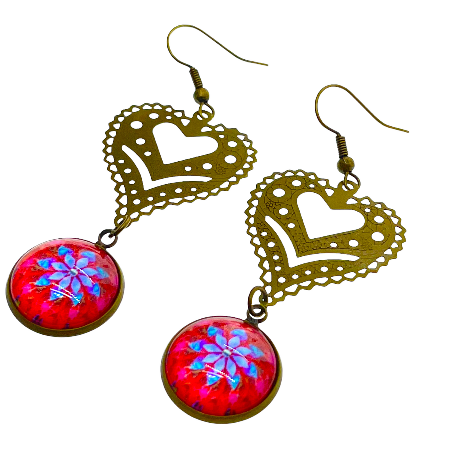 Cherry Red Fancy Heart Dangle Earrings