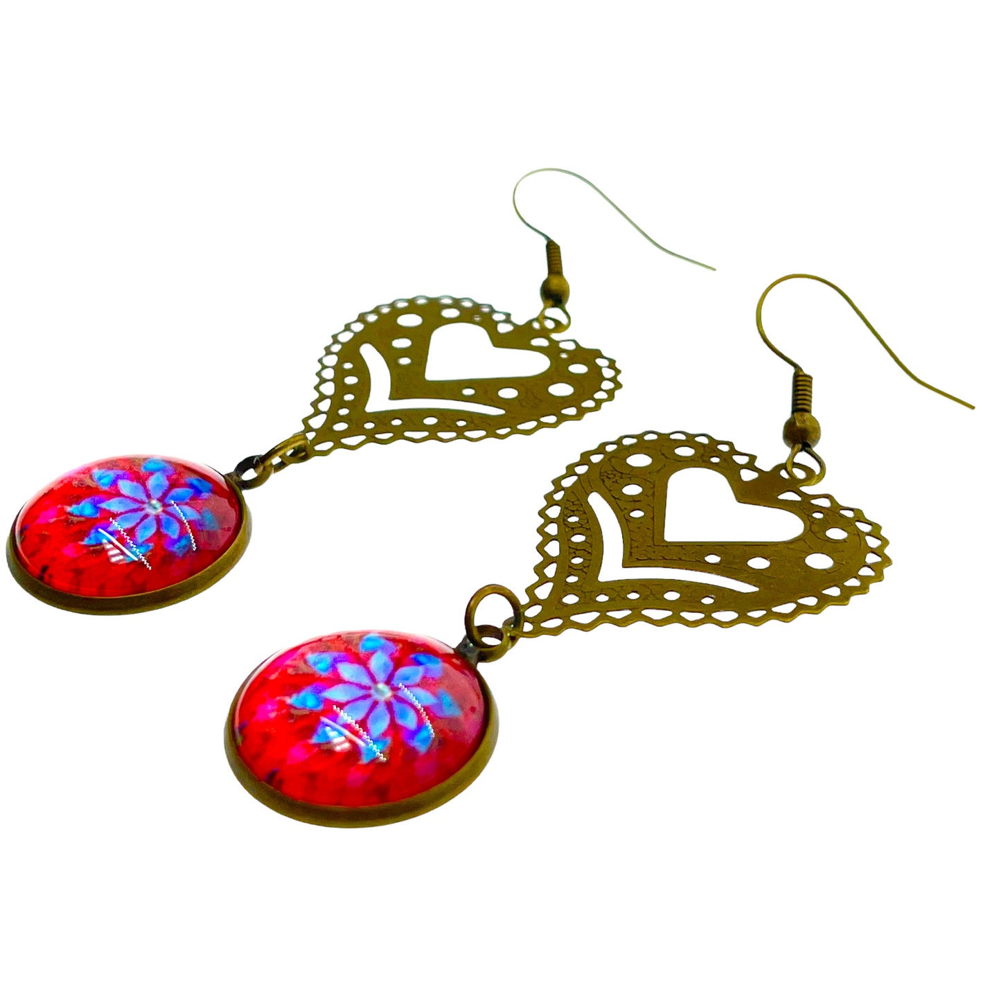 Cherry Red Fancy Heart Dangle Earrings
