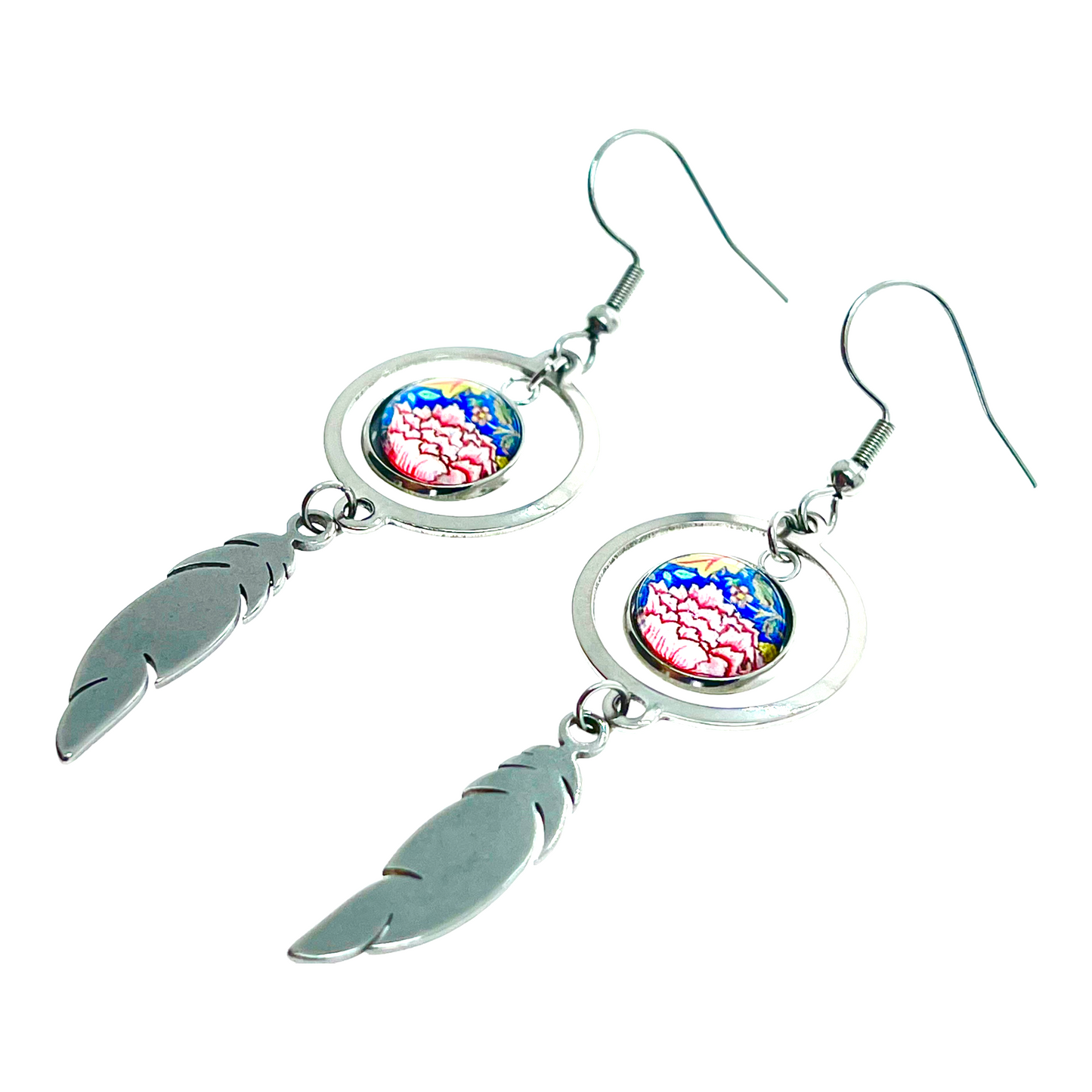 Silk Blooms Feather Round Earrings