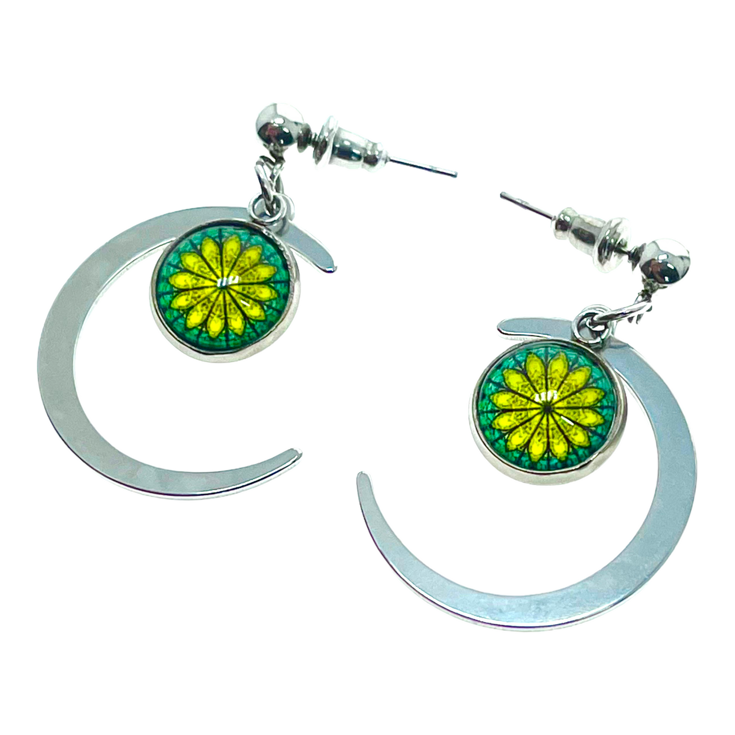 Emerald Starburst Crescent Moon Earrings
