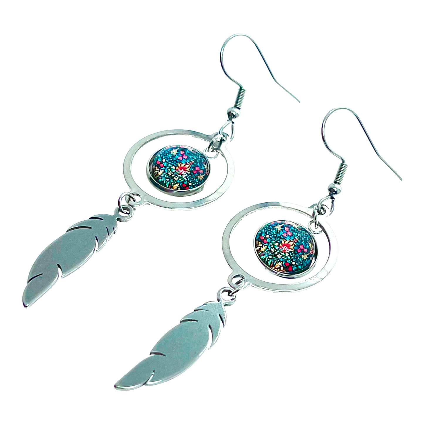 Emerald Forest Feather Round Earrings