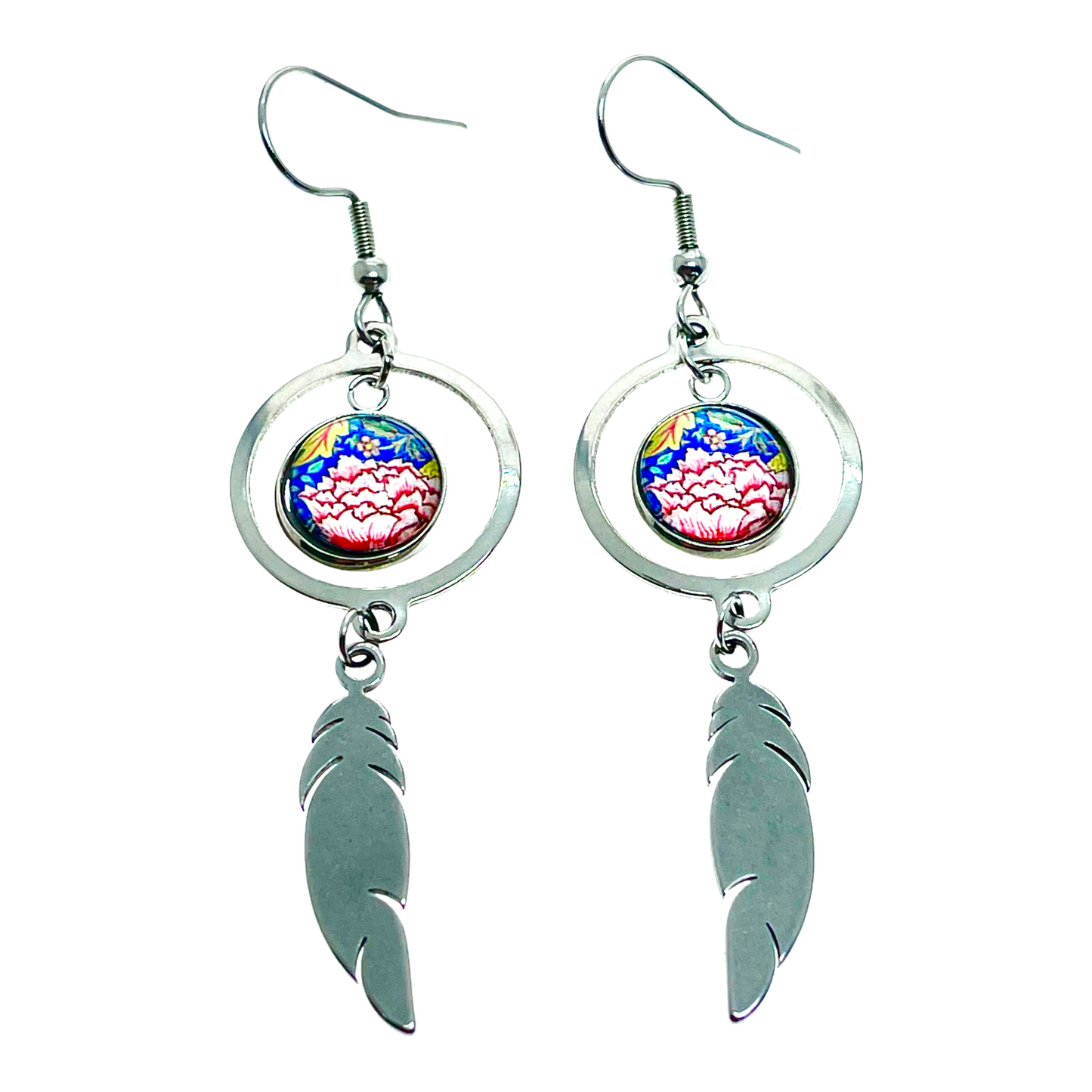 Silk Blooms Feather Round Earrings