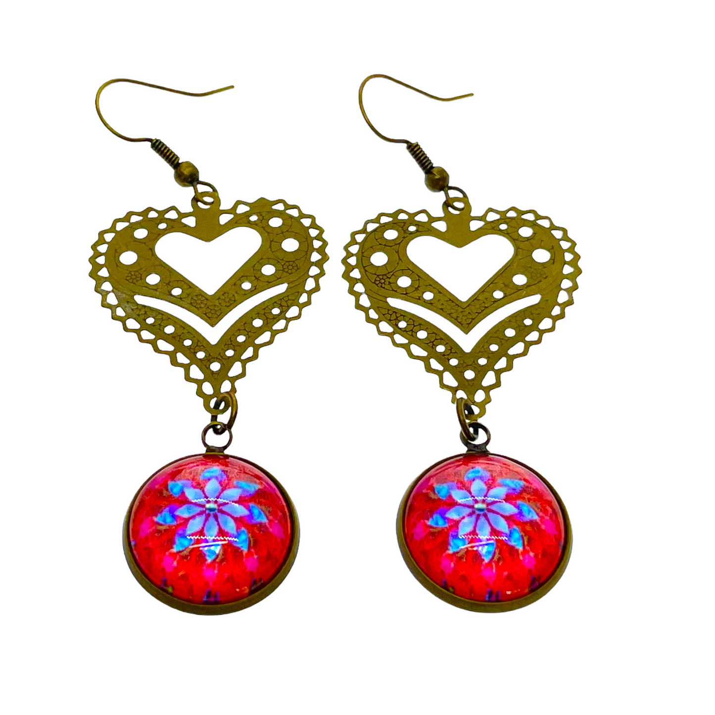 Cherry Red Fancy Heart Dangle Earrings