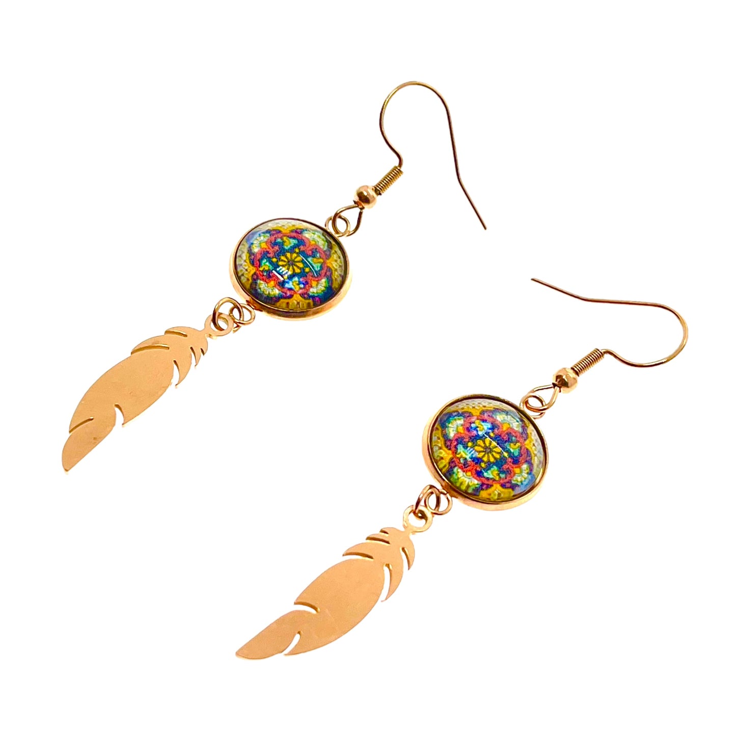 Golden Flower Feather Earrings