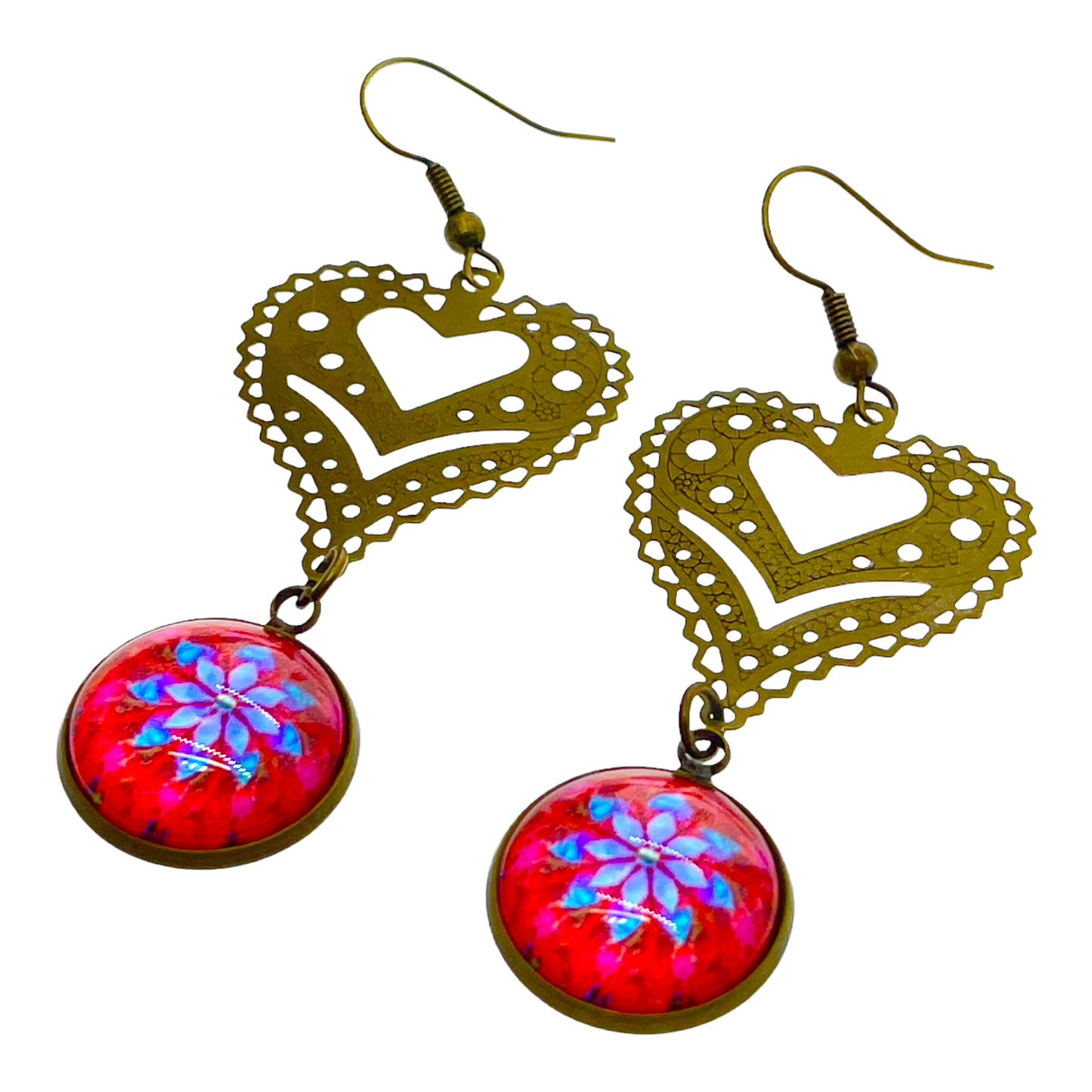 Cherry Red Fancy Heart Dangle Earrings