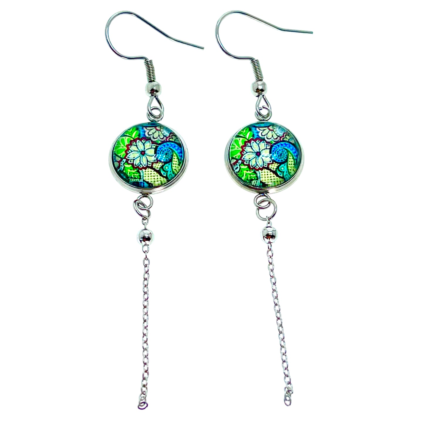 Green Cloisonné Chain Dangler Earrings