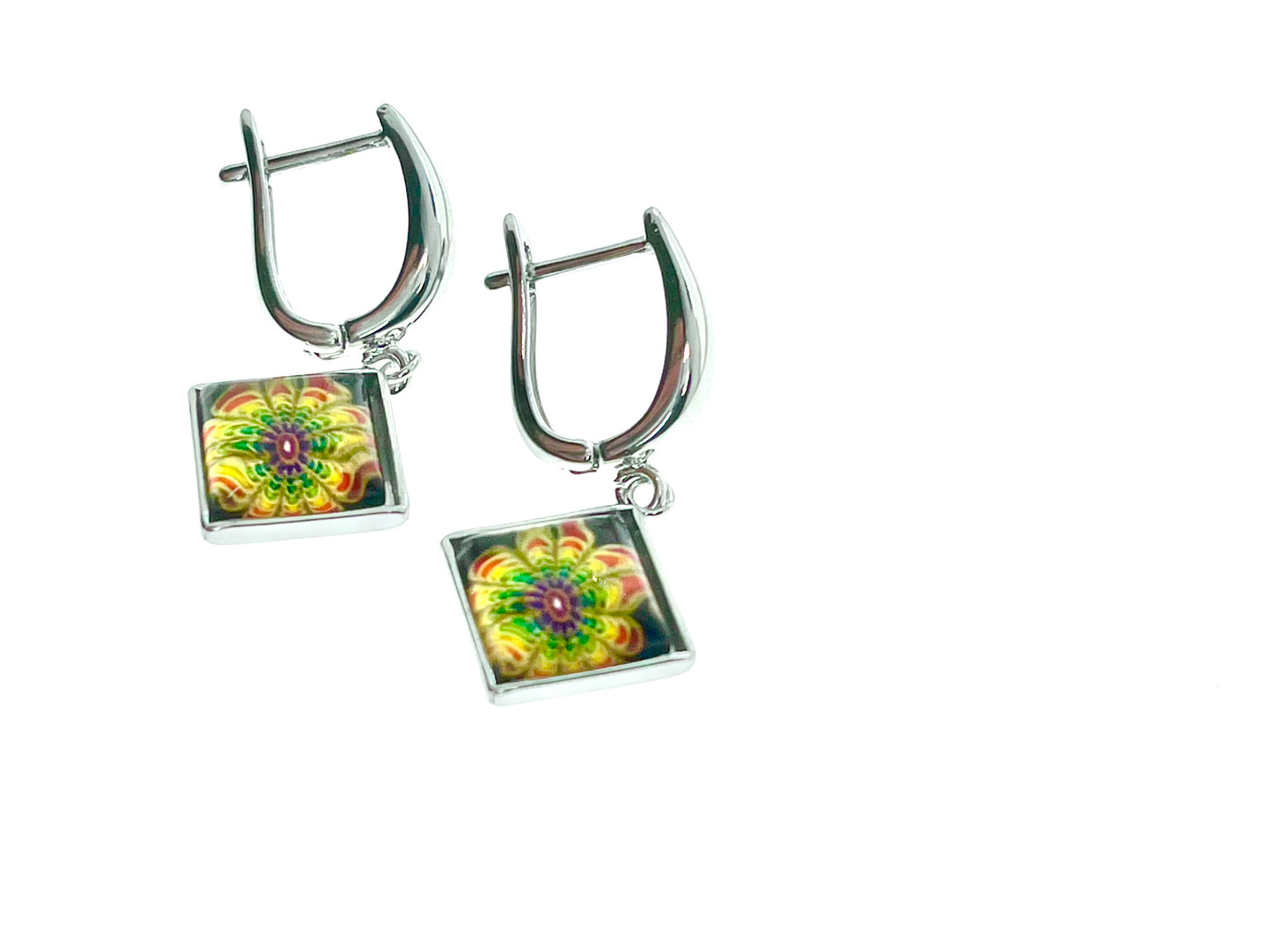 Yellow Sunflower Burst Square Earrings