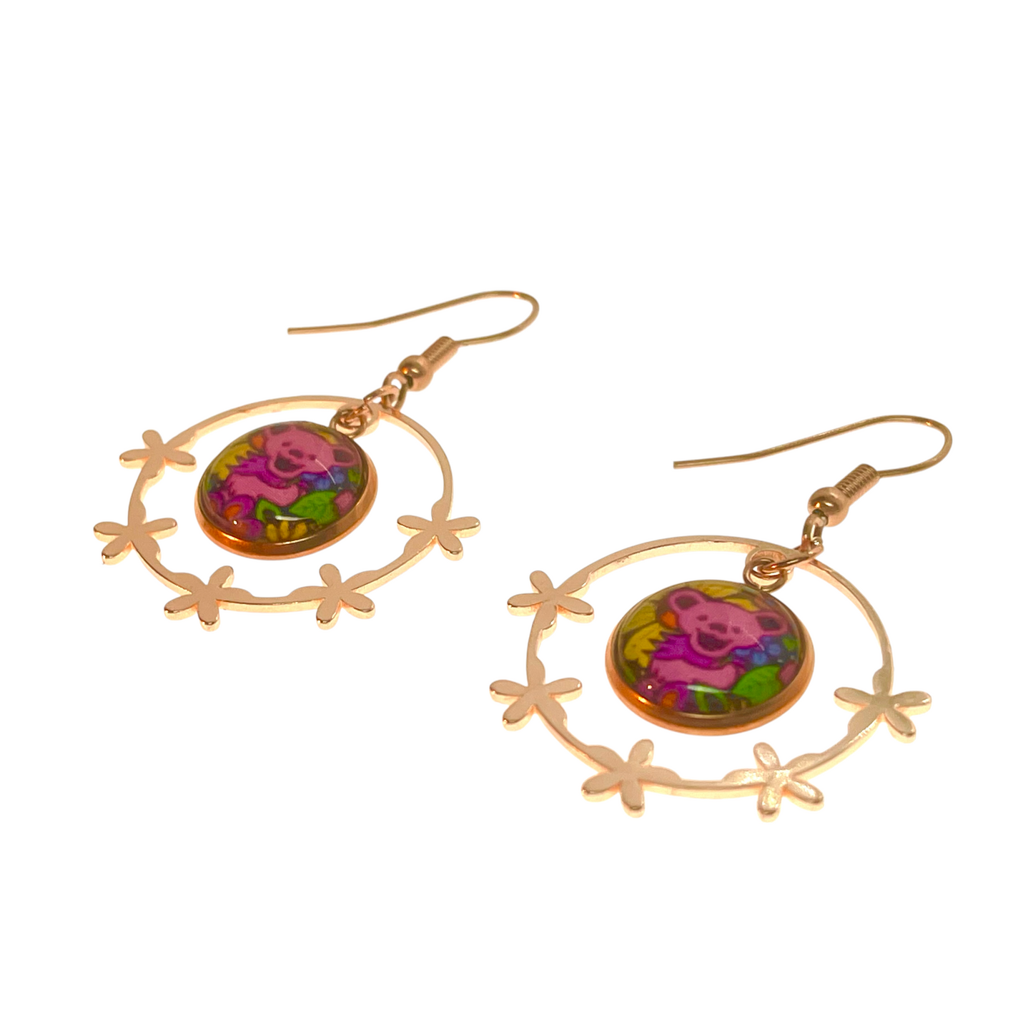 Grateful Dead Inspired Dancing Bear Rose Gold Flower Hoop Earrings | Handmade Deadhead Festival Jewelry