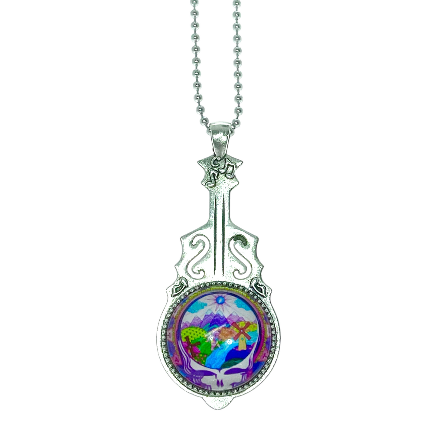 Scenic Stealie Steal Your Face Grateful Dead Inspired, Jerry Garcia Pendant, Deadhead Festival Wear, Psychedelic Classic Rock Music Jewelry