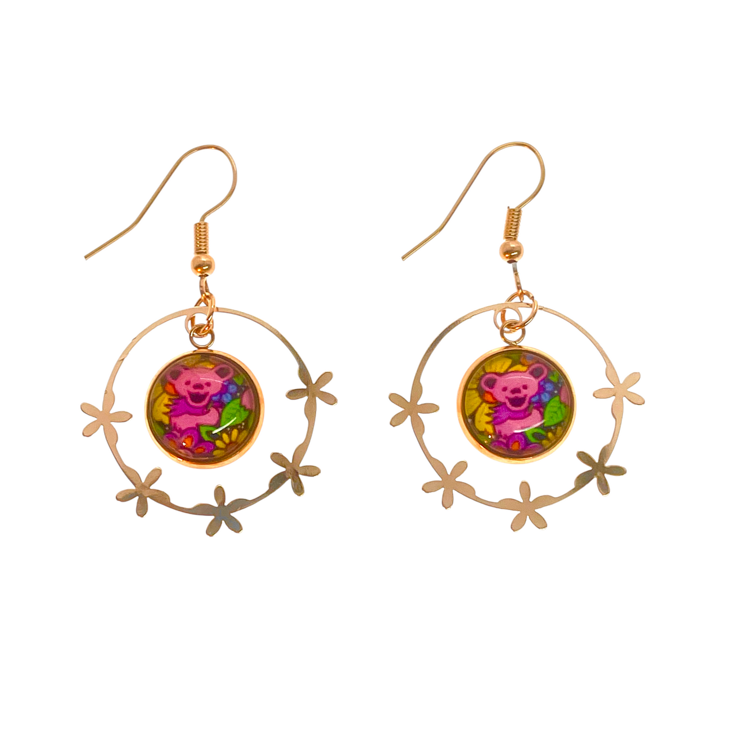 Grateful Dead Inspired Dancing Bear Rose Gold Flower Hoop Earrings | Handmade Deadhead Festival Jewelry