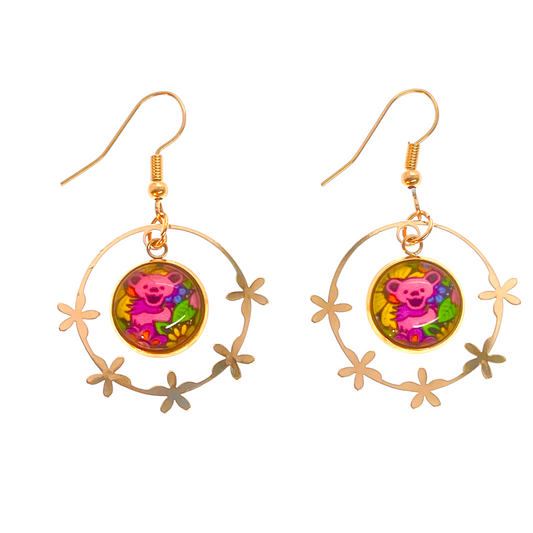 Grateful Dead Inspired Dancing Bear Rose Gold Flower Hoop Earrings | Handmade Deadhead Festival Jewelry