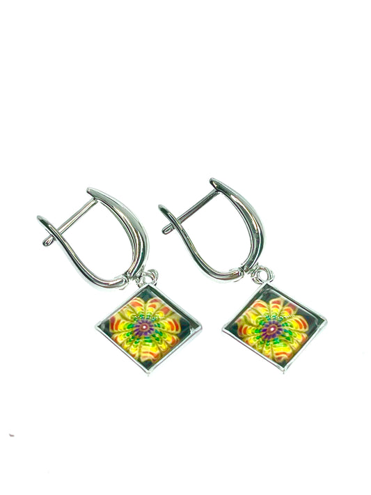 Yellow Sunflower Burst Square Earrings