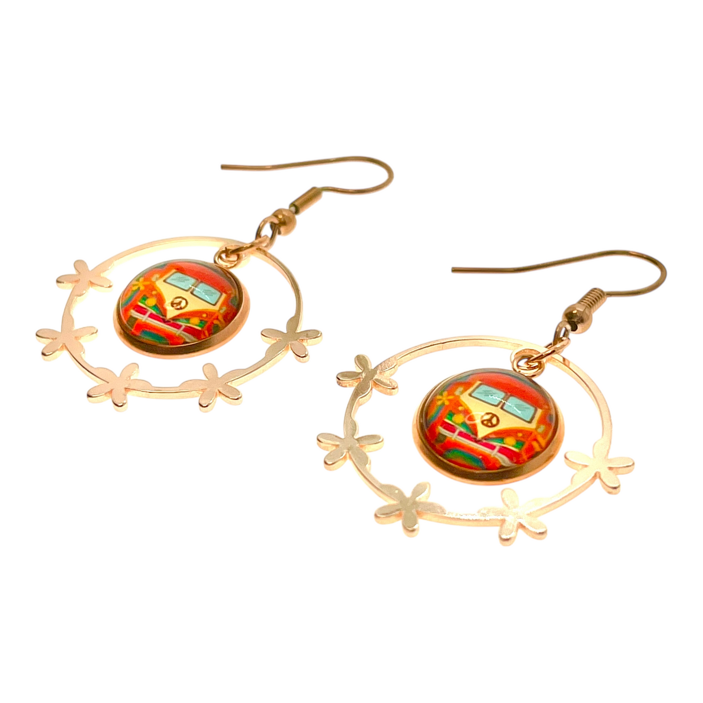 Boho VW Bus Rose Gold Flower Hippie Hoop Dangle Earrings