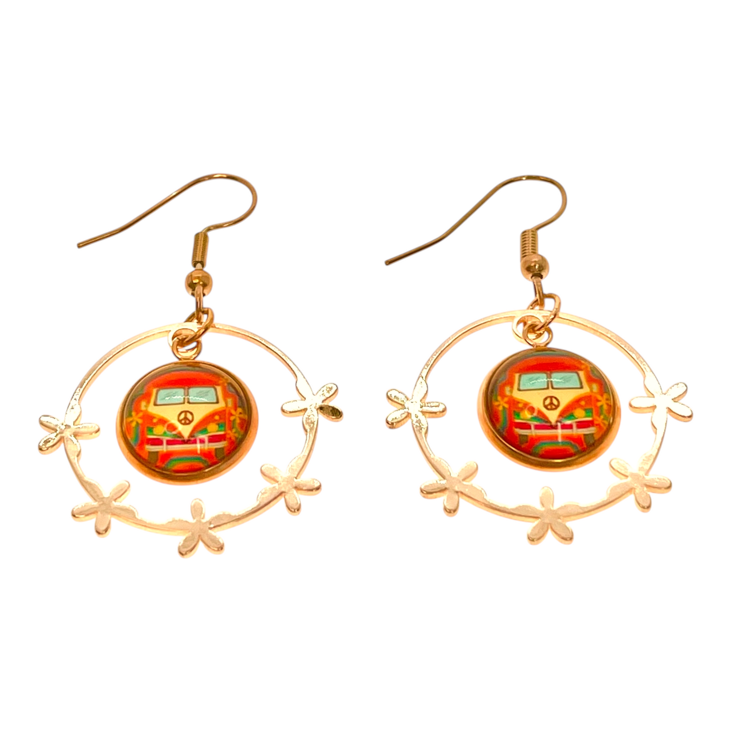 Boho VW Bus Rose Gold Flower Hippie Hoop Dangle Earrings