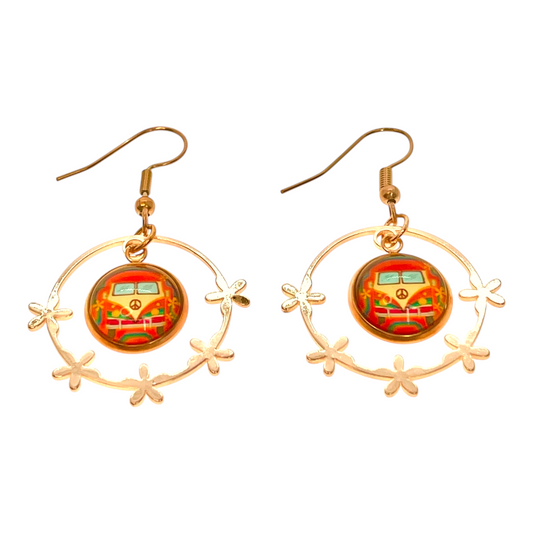 Boho VW Bus Rose Gold Flower Hippie Hoop Dangle Earrings