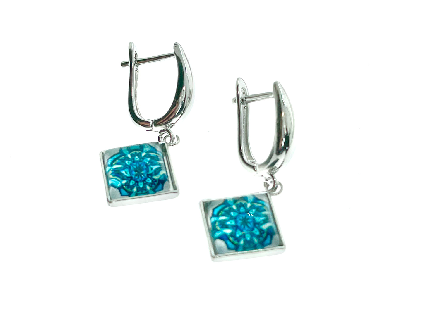 Aquamarine Flower Burst Square Earrings