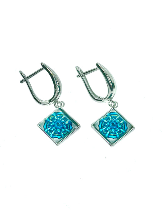 Aquamarine Flower Burst Square Earrings