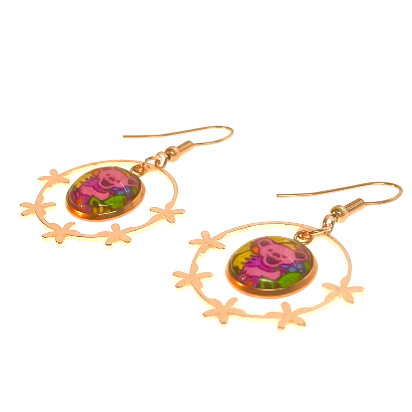 Grateful Dead Inspired Dancing Bear Rose Gold Flower Hoop Earrings | Handmade Deadhead Festival Jewelry
