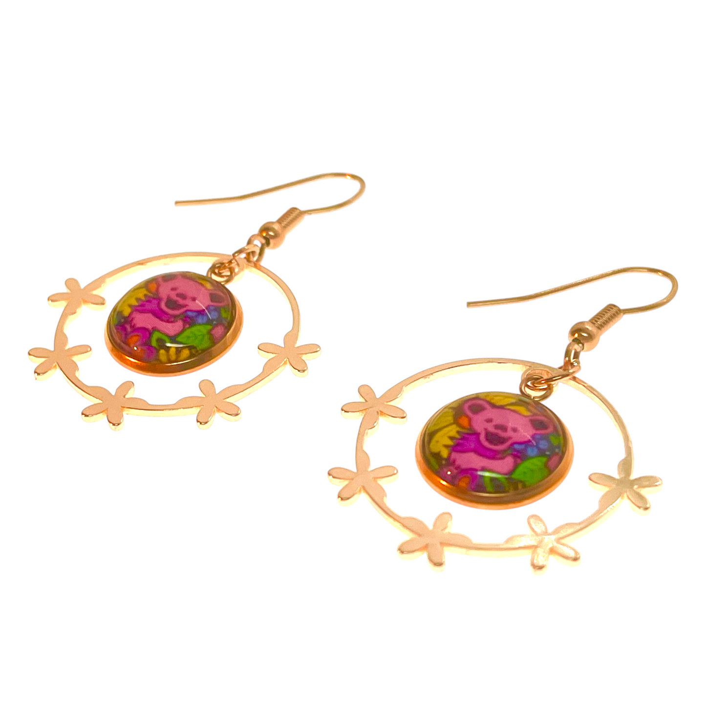 Grateful Dead Inspired Dancing Bear Rose Gold Flower Hoop Earrings | Handmade Deadhead Festival Jewelry