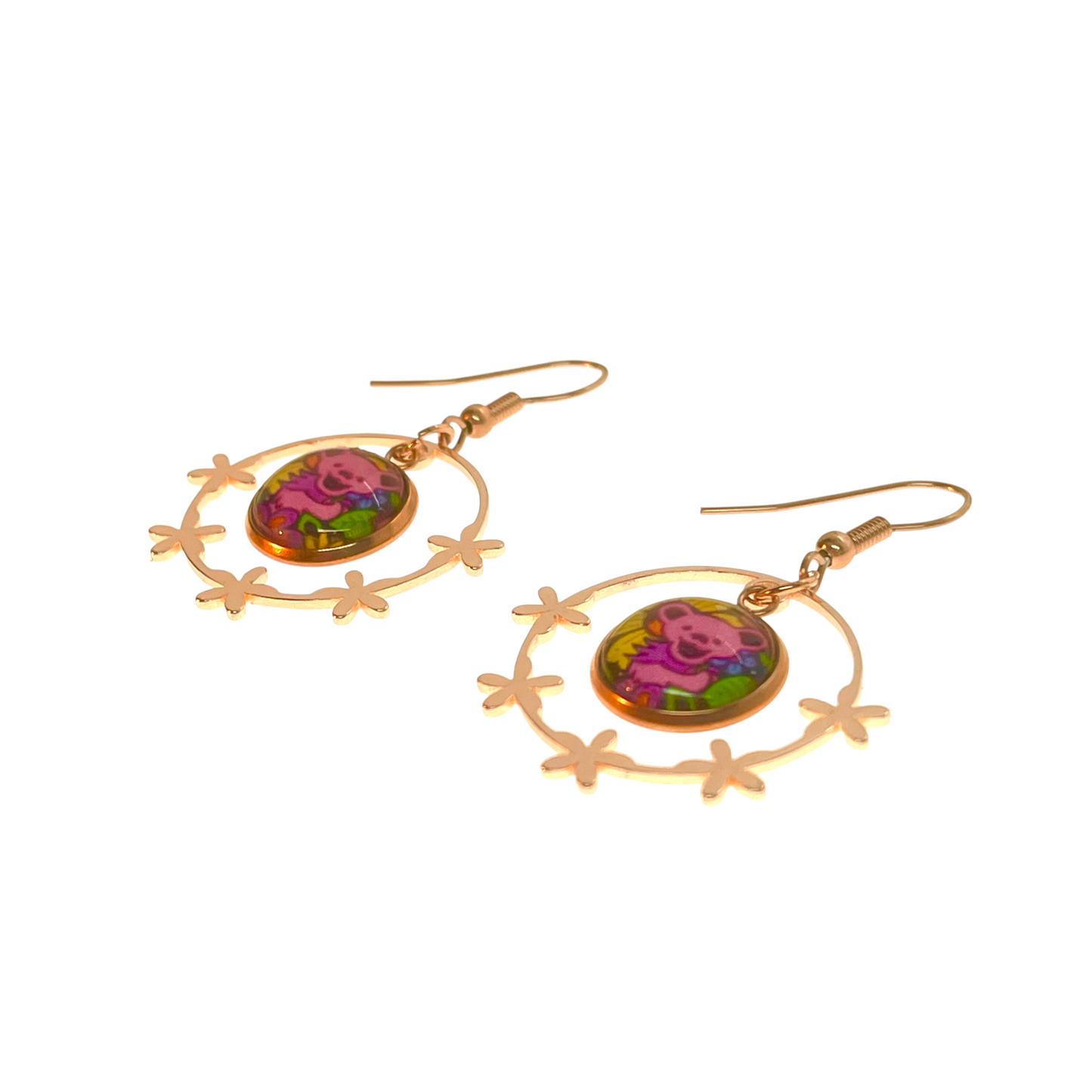 Grateful Dead Inspired Dancing Bear Rose Gold Flower Hoop Earrings | Handmade Deadhead Festival Jewelry