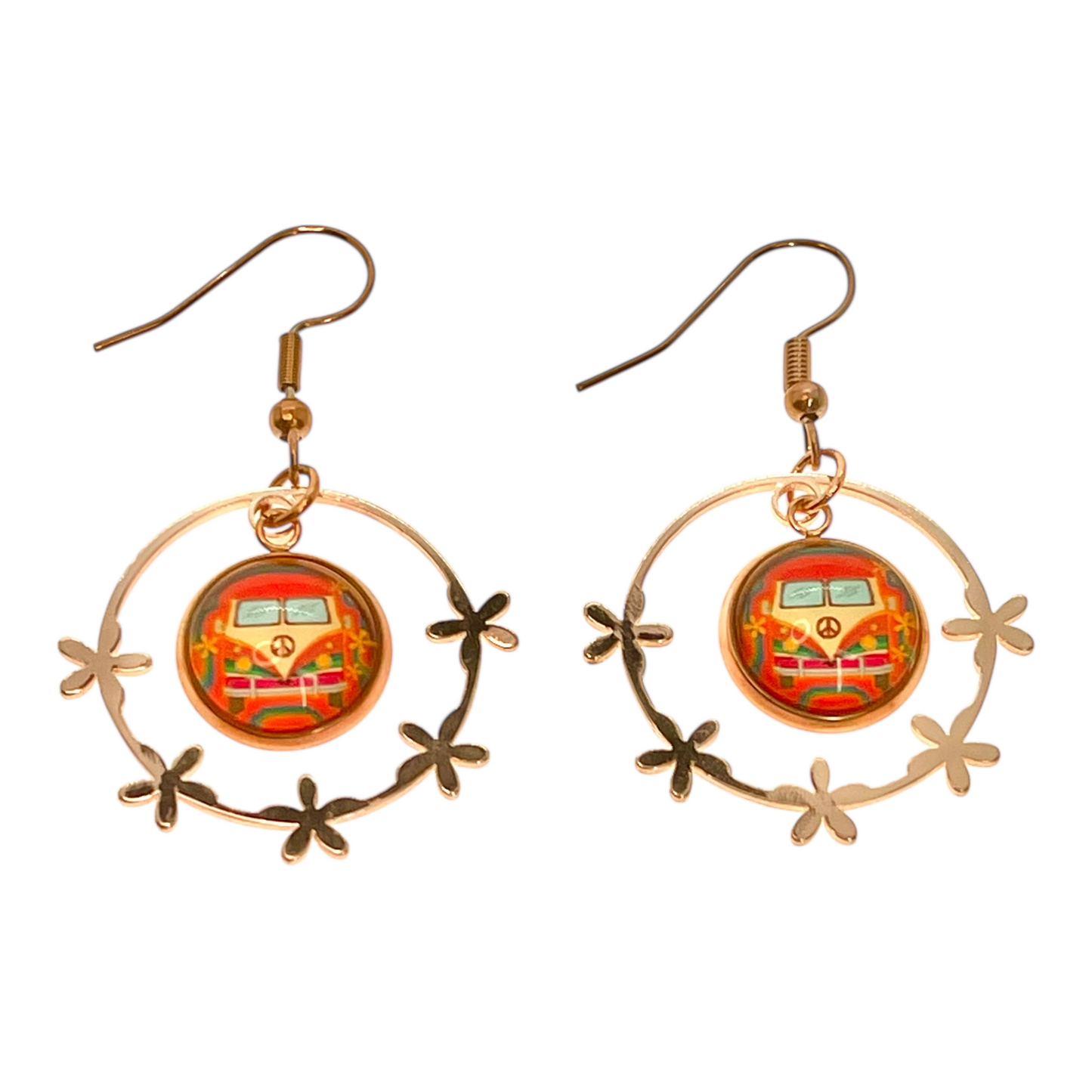 Boho VW Bus Rose Gold Flower Hippie Hoop Dangle Earrings