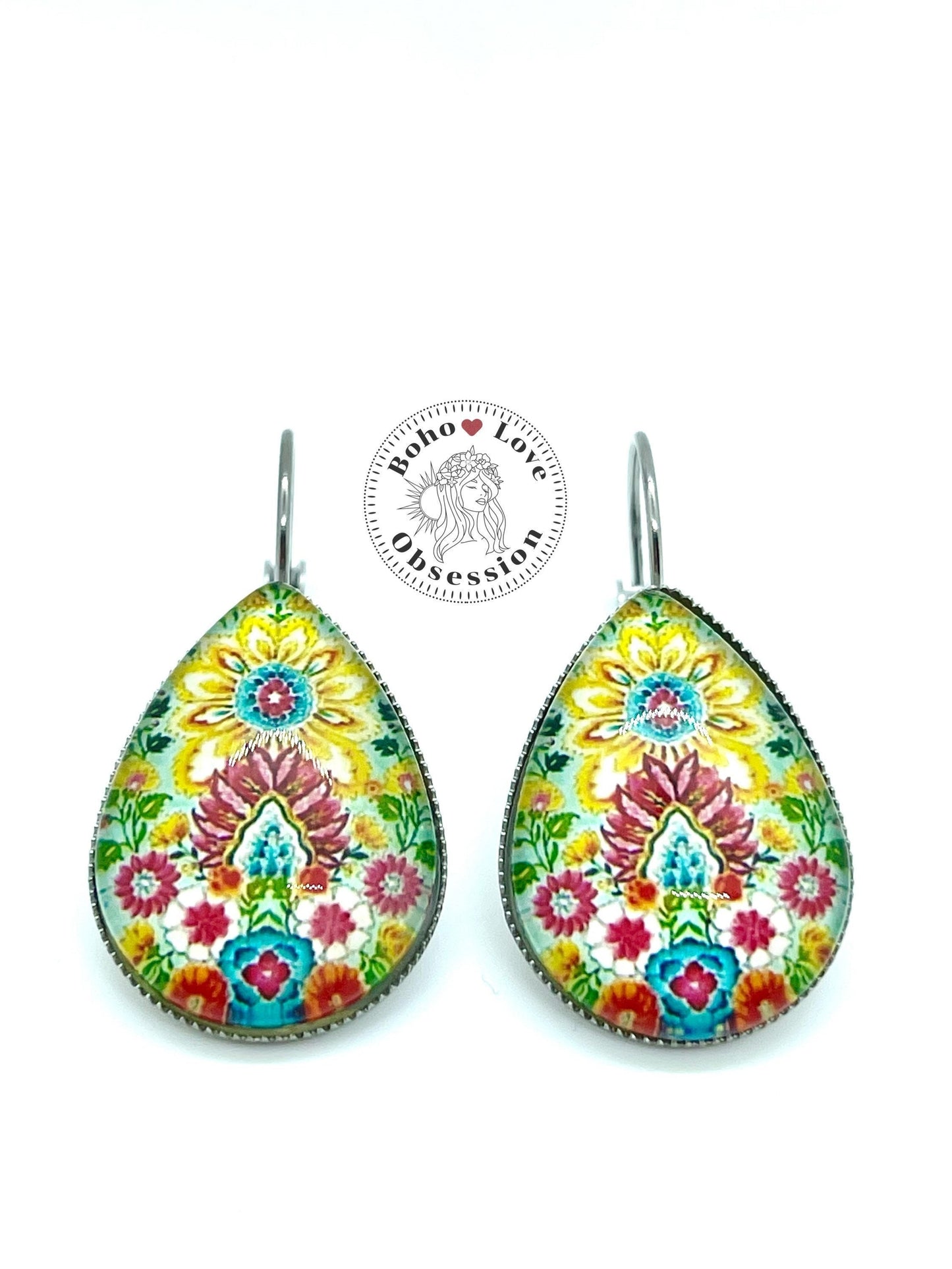 Sun Goddess Teardrop Lever-back Earrings, Boho Hippie Jewelry, Psychedelic Bohemian Accessory, Yellow Floral Mandala Gypsy Girl Ear Charms,