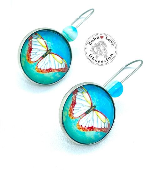 Blue Boho Butterfly Drop Hook Earrings|Stainless Steel Cabochon Earrings|Gifts for her Mom Sister Wife Aunt Daughter| BohoLoveObsession