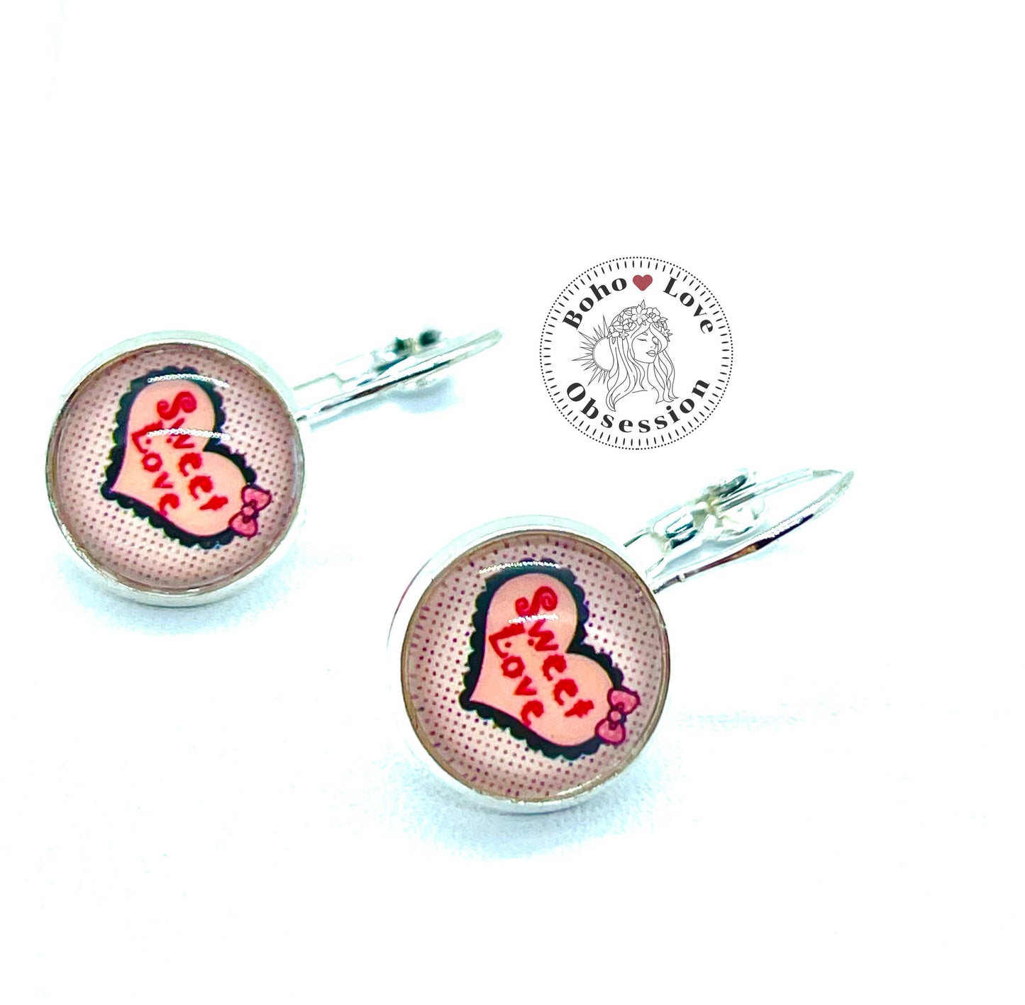 Love Heart Lever-back Earrings|Small Pink Heart Stainless Steel Cabochon Earrings|Gifts for her Mom Sister Daughter Wife| BohoLoveObsession