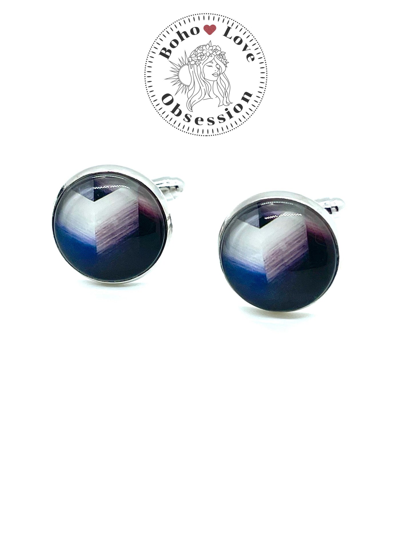 Deep Blue Painted Cuff Links| Photo Glass Cabochon Cuff Links| Silver Setting|Wedding|Gift for Him| BohoLoveObsession