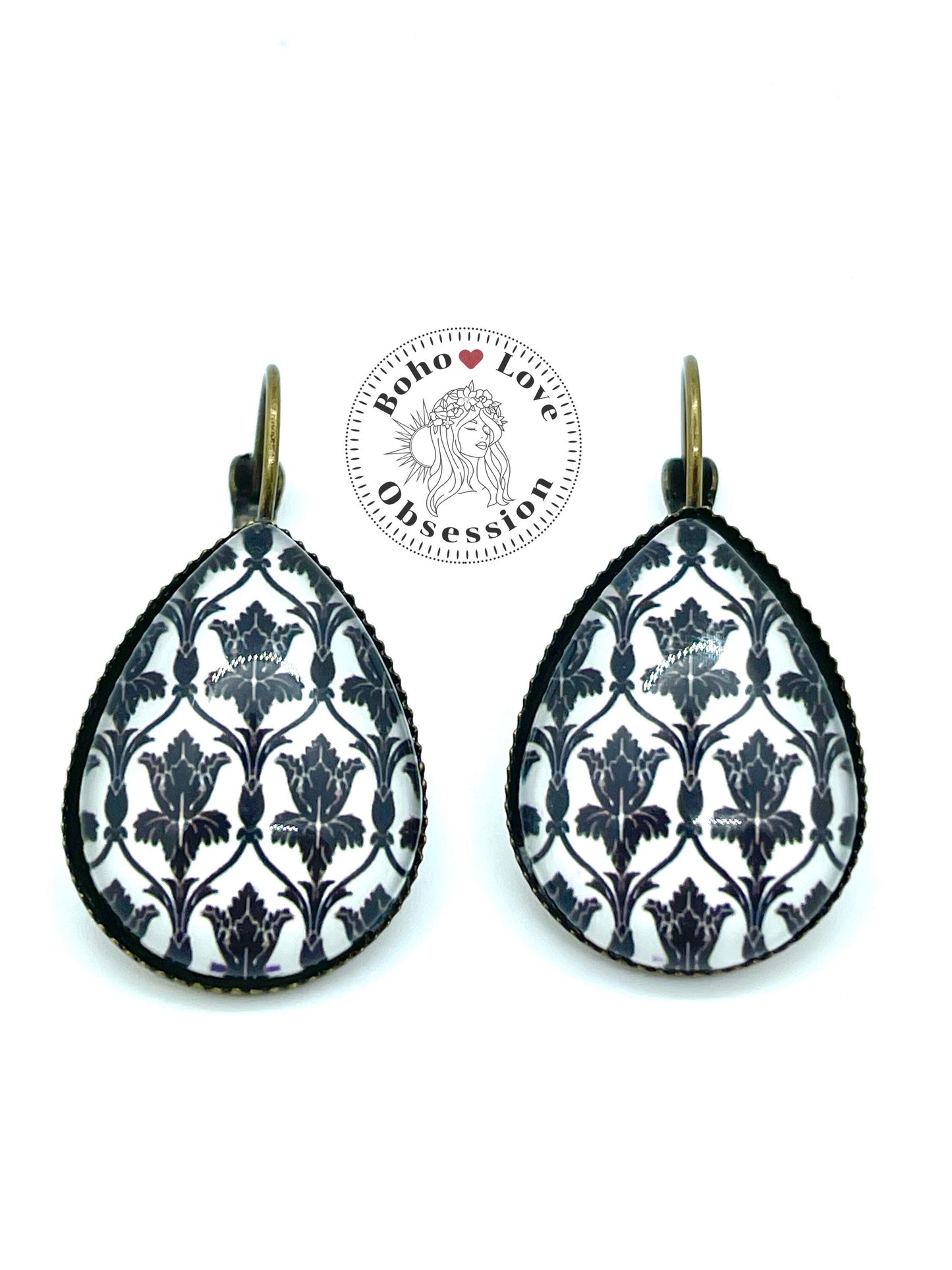 Climbing Tulip Teardrop Lever-back Earrings|Bronze Floral Art Glass Accessory, Boho Hippie Jewelry, Bohemian Handmade Womans Girls Gift