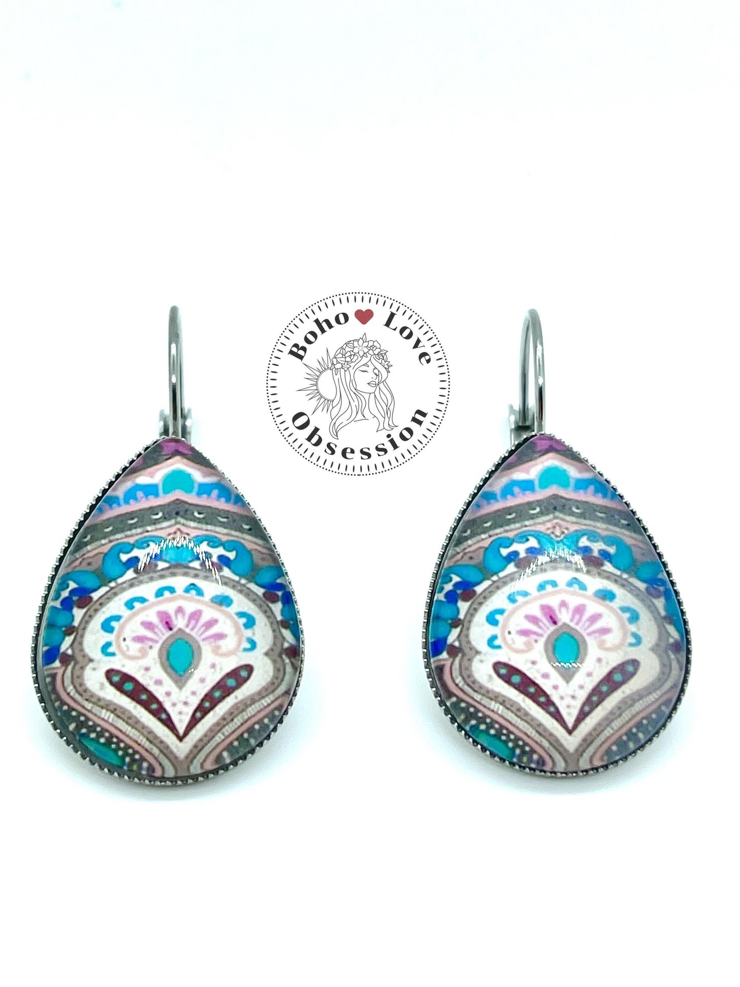 Happy Blooms Teardrop Lever-back Earrings| Cabochon Earrings|Gifts for her Mom Sister Wife Aunt Girlfriend Friend Daughter|BohoLoveObsession